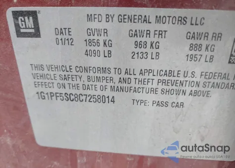 2012 Chevrolet Cruze 1Lt z USA, uszkodzony, nr VIN 1G1PF5SC8C7258014